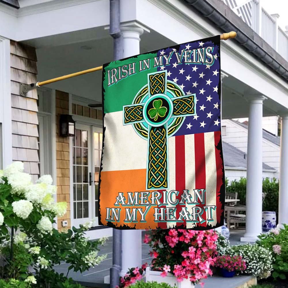 St Patrick’s Flag, Irish Celtic Cross Flag Irish In My Veins American In My Heart Flag, St Patrick’s Day Garden Flag