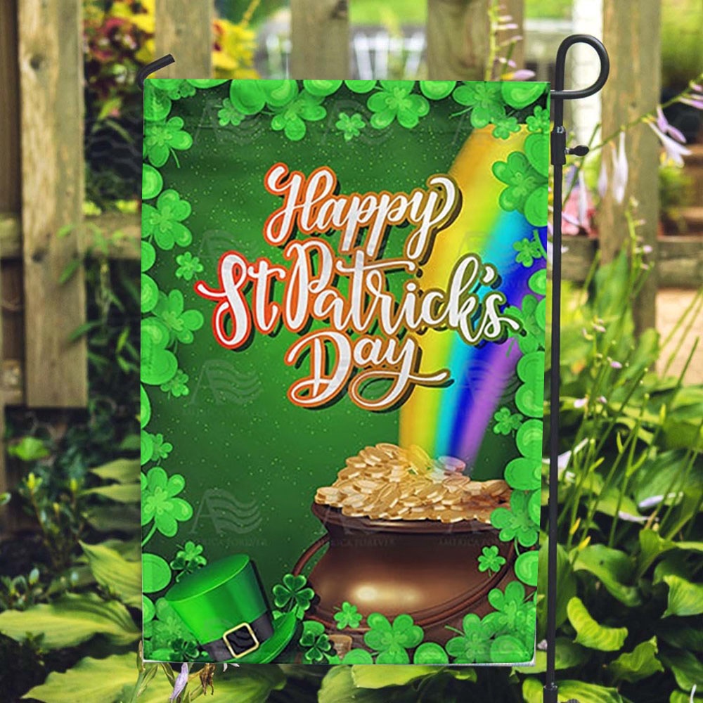 St Patrick’s Flag, Pot Of Gold At End Of Rainbow Double Sided House Flag, St Patrick’s Day Garden Flag