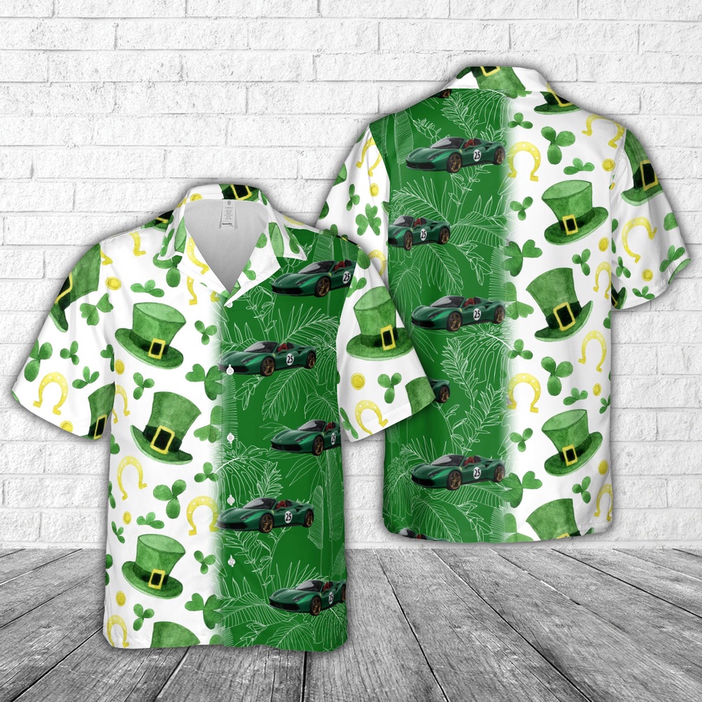 St Patricks Day Hawaiian Shirt, 2017 Ferrari 488 Spider ‘Green Jewel’ St Patrick’s Day Hawaiian Shirt