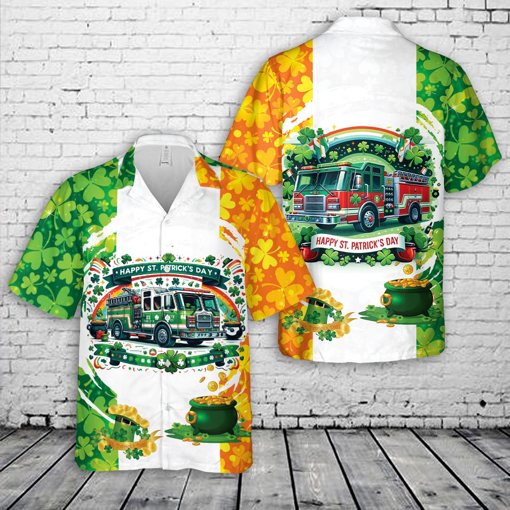 St Patricks Day Hawaiian Shirt, Fire Truck St Patrick’s Day Hawaiian Shirt, St Patty’s Aloha Shirt St Patricks Day Hawaiian Shirt, Fire Truck St Patrick’s Day Hawaiian Shirt, St Patty’s Aloha Shirt