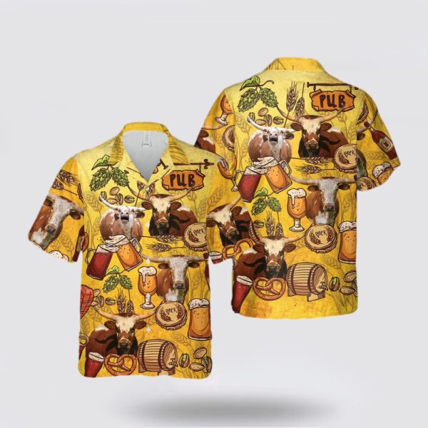 Texas Longhorn Hawaiian Shirt, Texas Longhorn Drink Beer Pattern 3D Hawaiian Shirt