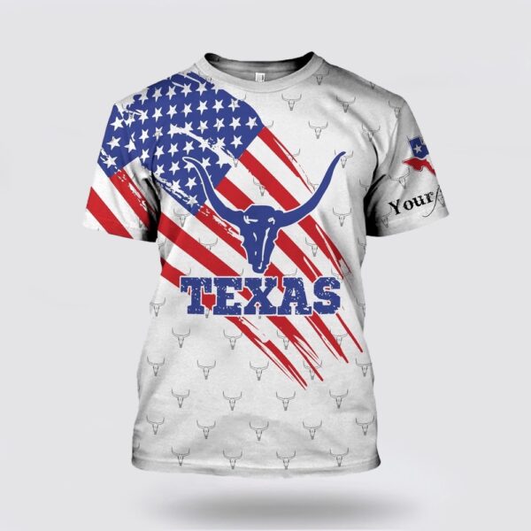 Texas T Shirt, Custom Name Texas Cow Flag All Over Print T-Shirt, Texas Longhorns T Shirt