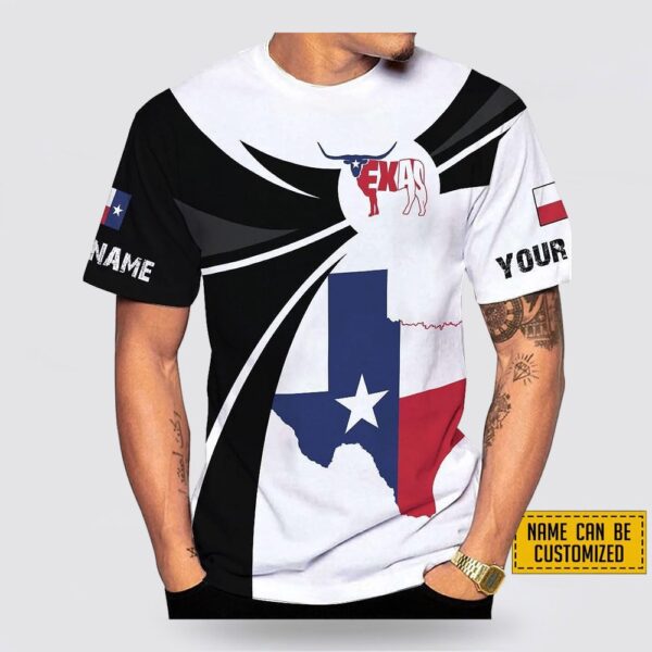 Texas T Shirt, Custom Name Texas Flag And Cow Pattern All Over Print T-Shirt, Texas Longhorns T Shirt