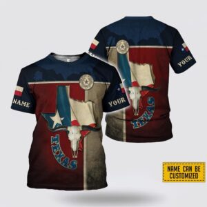 Texas T Shirt, Personalized Skull Cow Texas Flag All Over Print T-Shirt, Texas Longhorns T Shirt