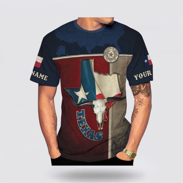 Texas T Shirt, Personalized Skull Cow Texas Flag All Over Print T-Shirt, Texas Longhorns T Shirt