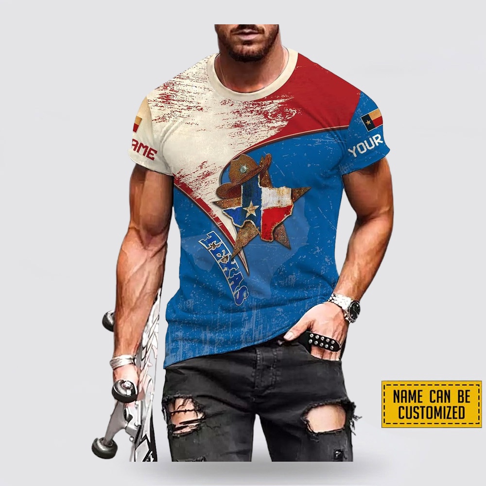 Texas T Shirt, Personalized Texas Flag And Hat All Over Print T-Shirt, Texas Longhorns T Shirt