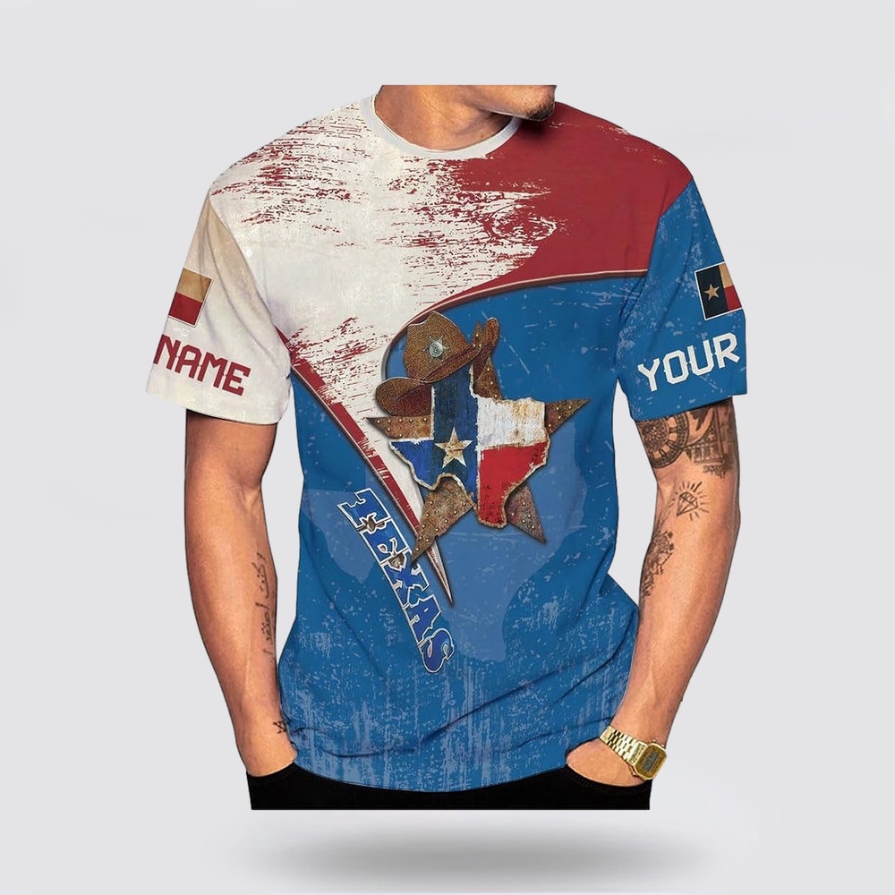 Texas T Shirt, Personalized Texas Flag And Hat All Over Print T-Shirt, Texas Longhorns T Shirt