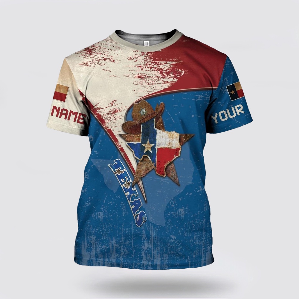 Texas T Shirt, Personalized Texas Flag And Hat All Over Print T-Shirt, Texas Longhorns T Shirt