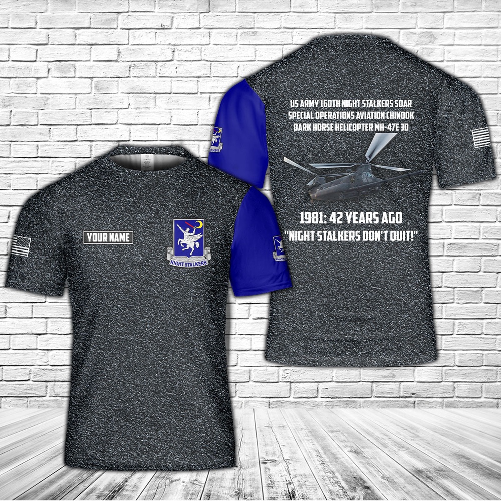 Us Army T Shirt, Personalized US Army 160th Night Stalkers Soar Special Operations Aviation Chinook Dark Horse Helicopter MH-47E 3D T-Shirt