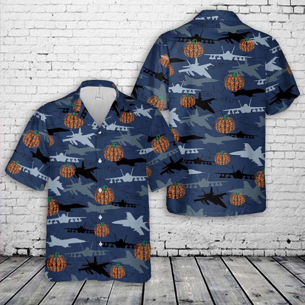Us Navy Hawaiian Shirt, US Navy McDonnell Douglas FA-18 Hornet Silhouettes Pumpkin Hawaiian Shirt, Military Aloha Shirt