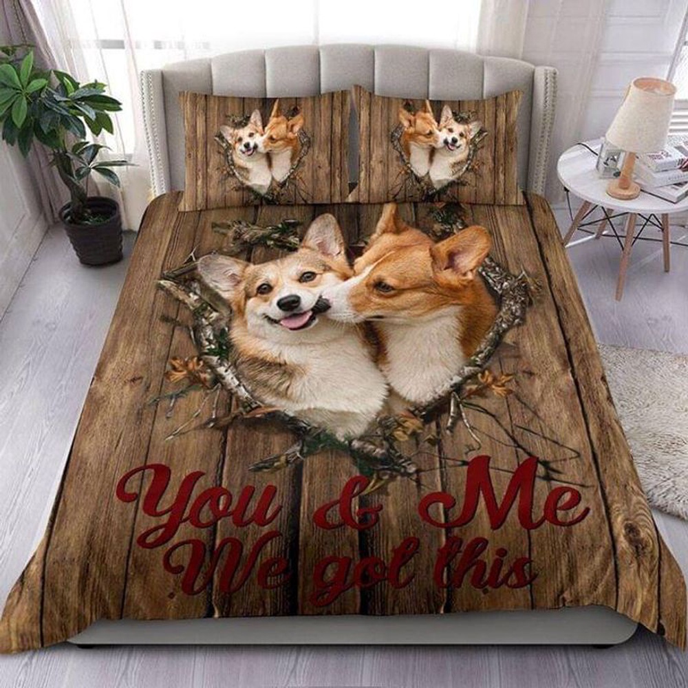 Valentine Bedding Set, Corgi Puppy Couple Heart You And Me We Got This Wood Pattern Valentine’s Day For Corgi Mom Dad