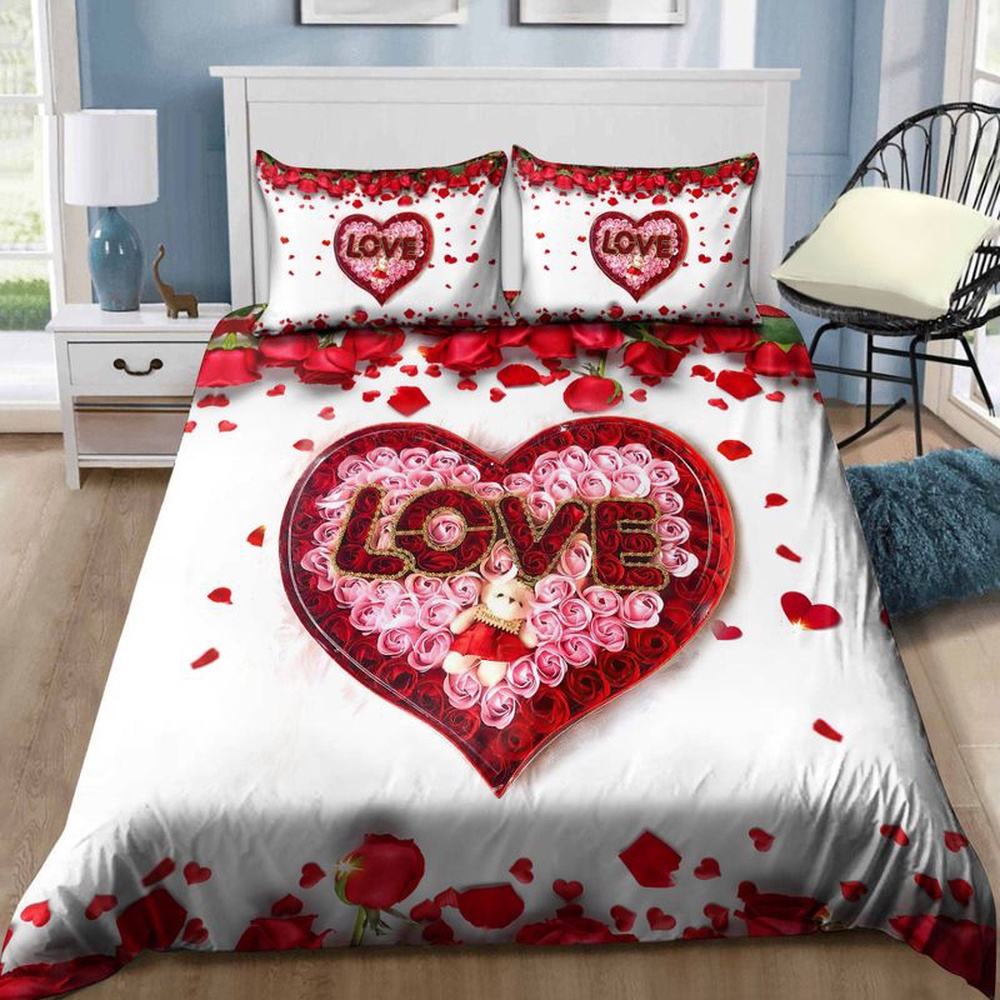 Valentine Bedding Set, Happy Valentine’s Day Bedding Set Love Teddy Heart Rose Wife Gift Romantic