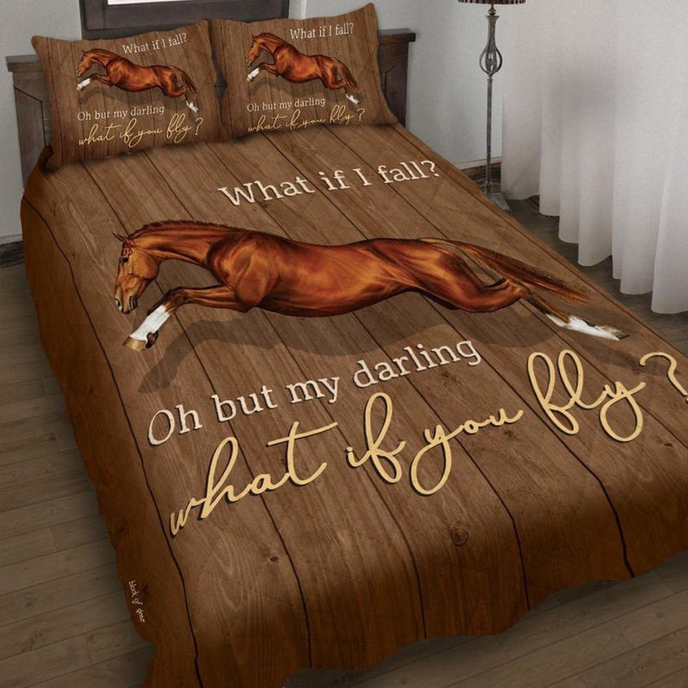 Valentine Bedding Set, Horse Quilt Bedding Set What If I Fall Bedding Set Wood Blank Pattern Bedding Gift For Lover Valentine Day