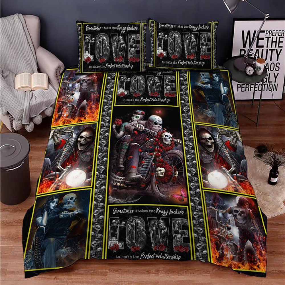 Valentine Bedding Set, Love Race Rider Couple Skull Bedding Set Couple Valentine Gift