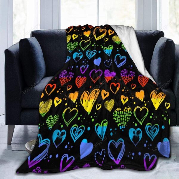 Valentine Blanket, Gay Pride Rainbow Lgbt Colorful Hearts Soft Fuzzy Fleece Blanket, Valentine Day Gift For Lgbt Couple