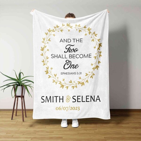 Valentine Blanket, Personalized Happy Valentine’s Day Throw Fleece Blanket And The Two Shall Become One Religious Wedding