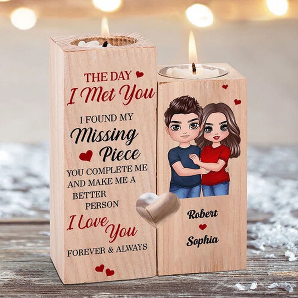 Couple Candle Holder Custom Name and Print Wooden Candlesticks Valentines Gift
