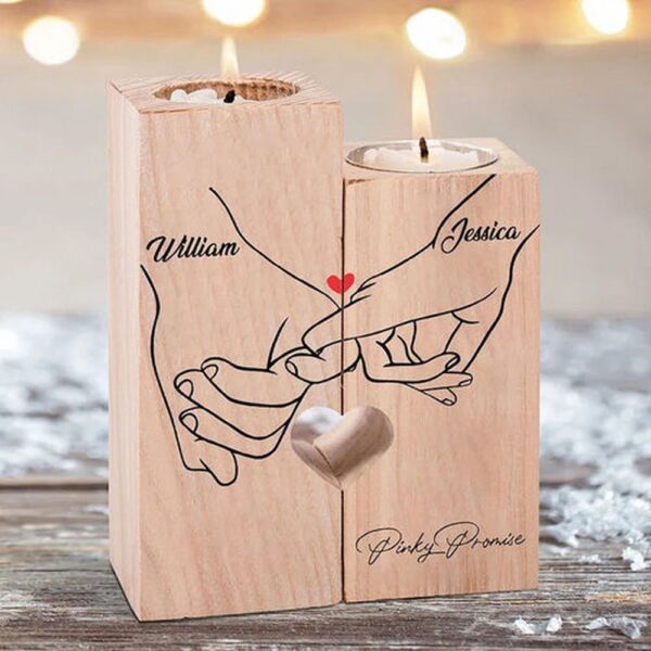 Valentine Candle Holder, Personalized Pinky Promise Couple Candle Holder Engrave Name Wooden Candlesticks
