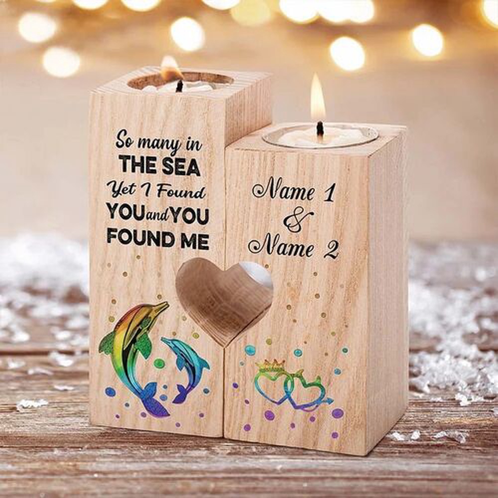 Valentine Candle Holder, Personalized Wooden Candle Holder Custom Name With Dolphin Pattern Valentine Candle Holder, Personalized Wooden Candle Holder Custom Name With Dolphin Pattern