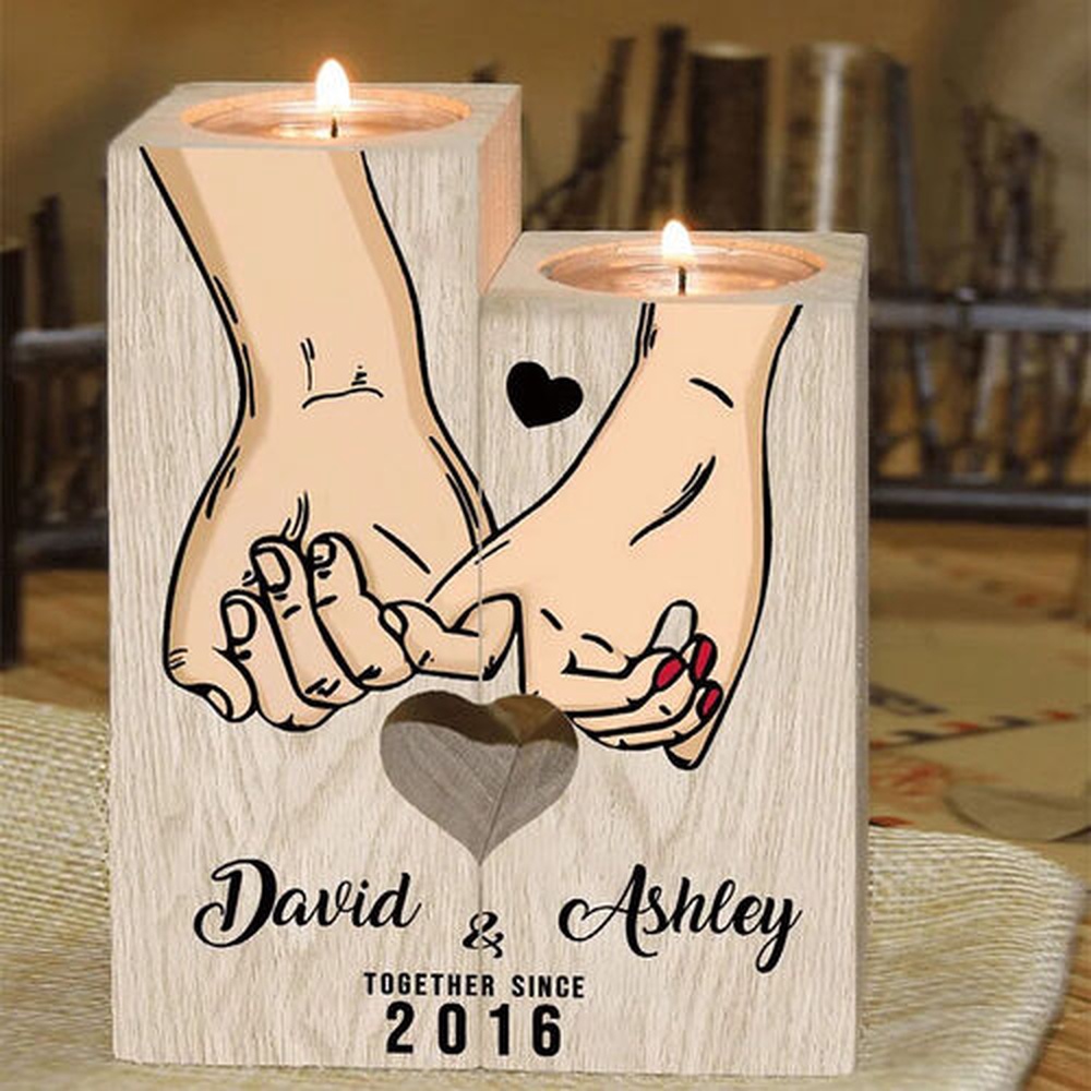 Valentine Candle Holder, Pinky Promise Personalized Couple Candle Holder Engrave Name Wooden Candlesticks