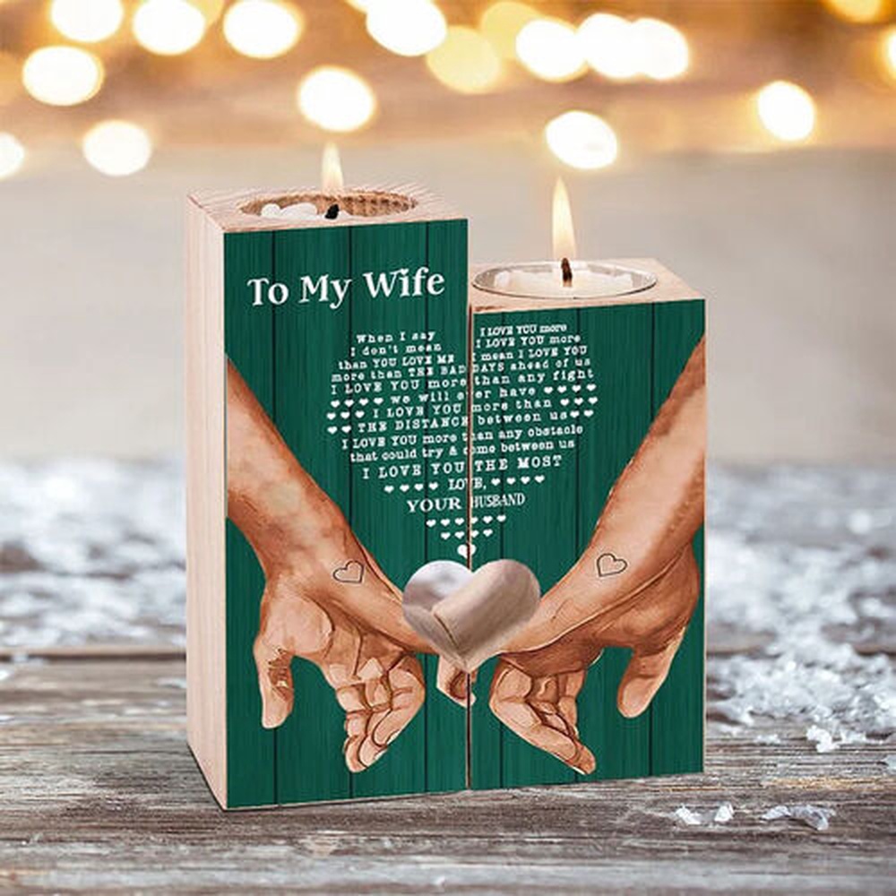 Valentine Candle Holder, To My Wife Couple Candle Holder Retro Green Color with Heart Shape Text