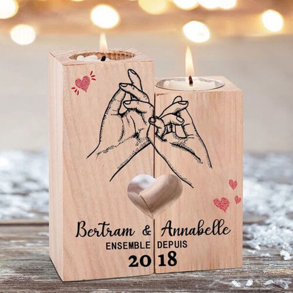 Valentine Candle Holder, Wooden Candle Holder Pinky Heart Promise Couple Name Candlesticks