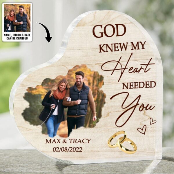 Valentine Keepsakes, Heart Keepsake, Couple Love Custom Photo couple God Knew My Heart Needed You Heart Acrylic Plaque