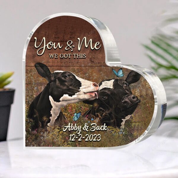 Valentine Keepsakes, Heart Keepsake, Personalized Cow Couple You And Me We God This Heart Acrylic Plaque, Valentine’s Day Gift For Couple
