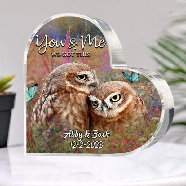 Valentine Keepsakes, Heart Keepsake, Personalized Owl Couple Heart Acrylic Plaque, You And Me We God This Valentine’s Day