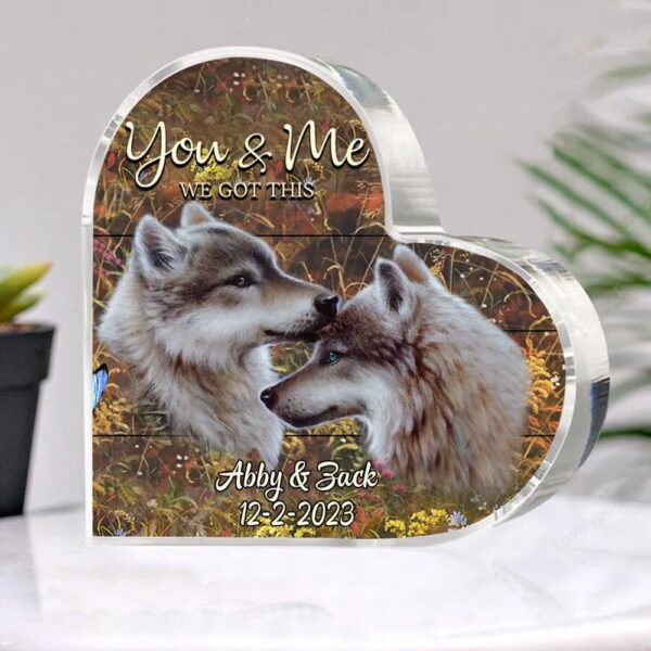 Valentine Keepsakes, Heart Keepsake, Personalized Wolf Couple Heart Acrylic Plaque, You And Me We God This Plaque, Valentine’s Day