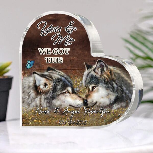 Valentine Keepsakes, Heart Keepsake, Personalized Wolf Couple Heart Acrylic Plaque, You And Me We God This Valentine’s Day