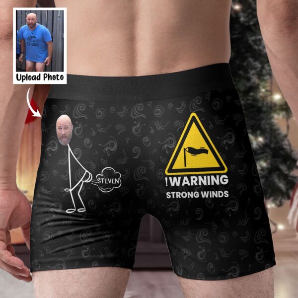 Valentine Men Boxer, Warning Strong Winds Personalized Photo Mens Boxer Brief