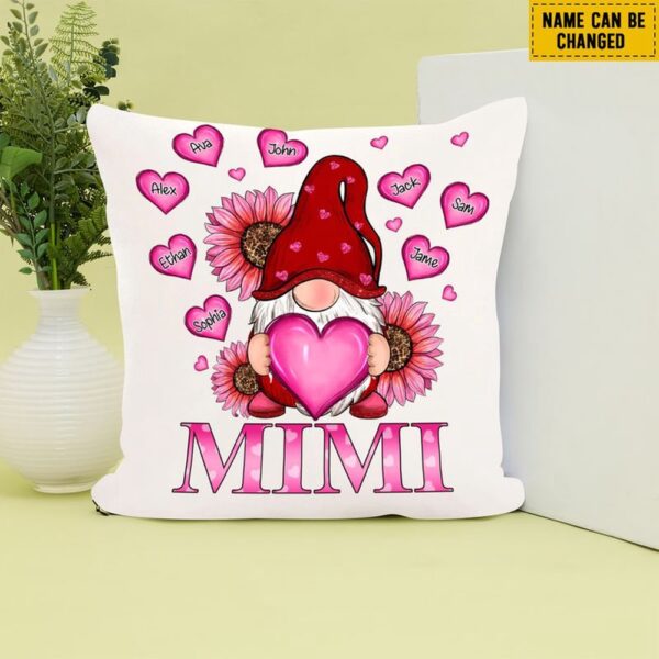 Valentine Pillow, Customized Name Pillow Mimi With Grandkids Gnome Pink Heart Valentines Day Pink Heart Sunflower