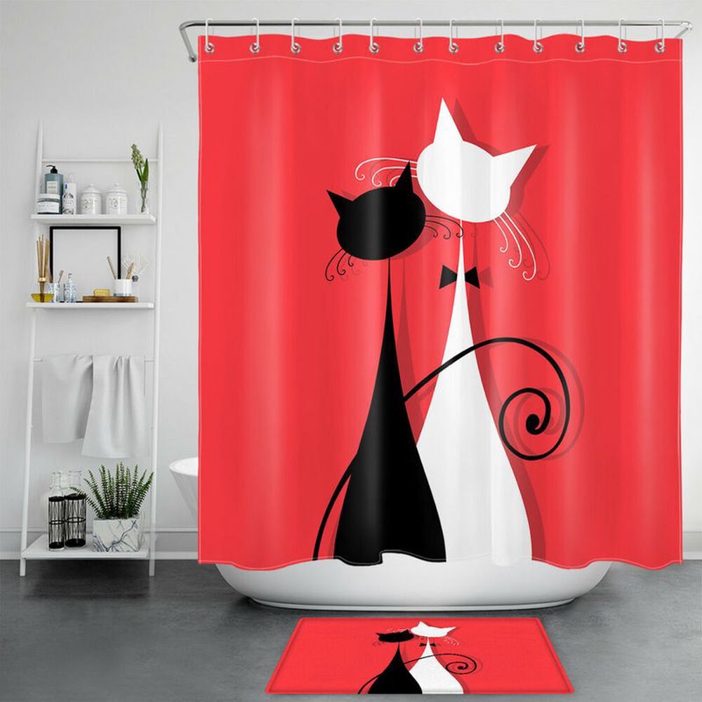 Valentine Shower Curtain, Cat Couple Valentines Day Shower Curtains Cute Pet Bathroom Set Valentine Decor Idea