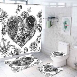 Valentine Shower Curtain, Couple Skulls Tattoo Shower…