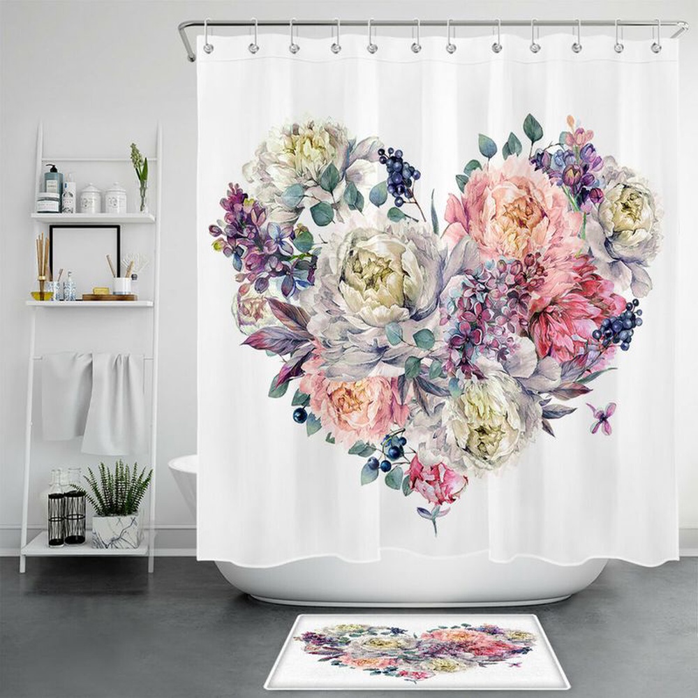Valentine Shower Curtain, Flower Heart Shower Curtains Valentines Day Bathroom Set Decor Valentine Decor
