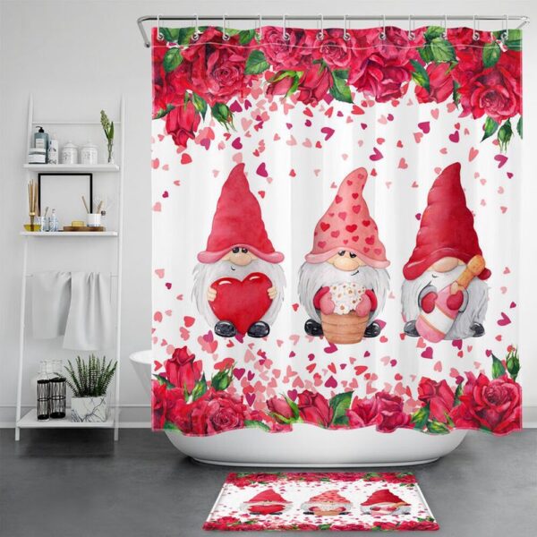 Valentine Shower Curtain, Happy Valentines Day Bathroom Shower Curtain Set Gnome Couple Home Bath Decor Roses Shower Curtain