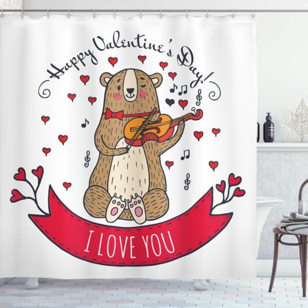Valentine Shower Curtain, Happy Valentines Day Shower Curtain Cute Bear Bathroom Curtains Valentine Bathroom Decor Romantic Gift
