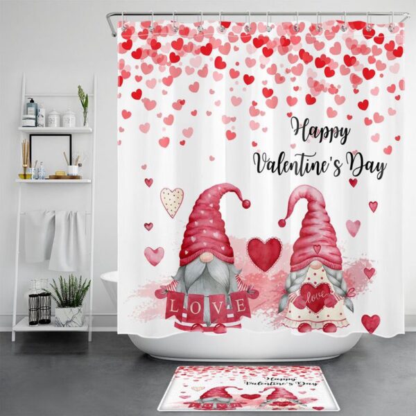Valentine Shower Curtain, Happy Valentines Day Shower Curtains Gnome Couple Bathroom Set Valentine Gift Idea Anniversary Gift Idea