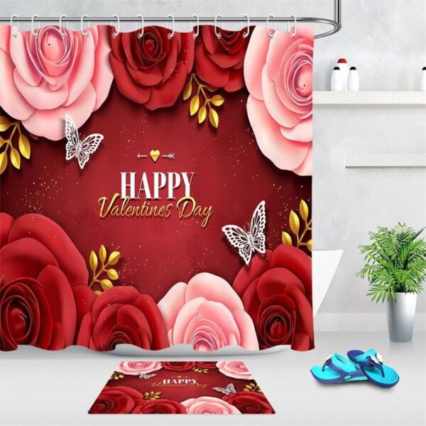 Valentine Shower Curtain, Happy Valentines Day Shower Curtains Roses Butterfly Bathroom Curtains Valentine Decor Bathroom Decoration