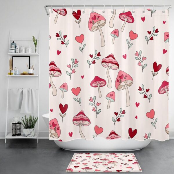 Valentine Shower Curtain, Mushroom Love Valentines Day Shower Curtains Romantic Gift Valentine Decoration Bathroom Decor