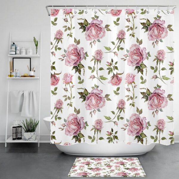 Valentine Shower Curtain, Pink Floral Bathroom Shower Curtain Set Roses Bathroom Decor Valentine Day
