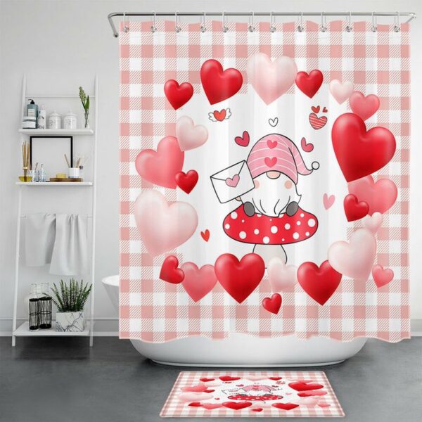 Valentine Shower Curtain, Valentine Gnome Hearts Shower Curtains Valentine Bathroom Decor Girlfriend Gift Idea
