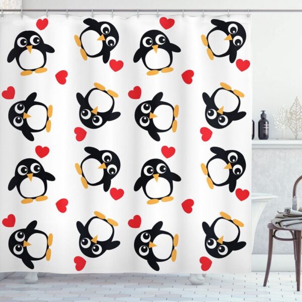 Valentine Shower Curtain, Valentine Penguin Pattern Shower Curtains Gift For Penguins Lovers Romancecore Bathroom Home Decor