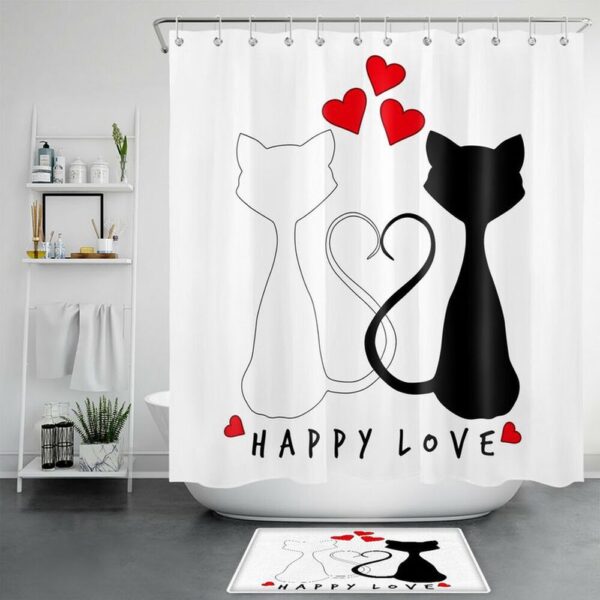 Valentine Shower Curtain, Valentines Cat Couple Shower Curtains Happy Love Bathroom Curtains Valentine Decor Bathroom Decor