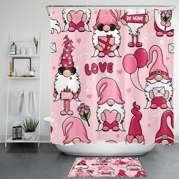 Valentine Shower Curtain, Valentines Gnome Love Shower Curtains Romantic Gift Valentine Bathroom Decor Gift For Him