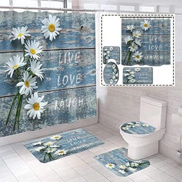 Valentine Shower Curtain, Valentines Live Love Laugh Shower Curtains Bathroom Set Daisy Flower Bathroom Decoration Gift For Family