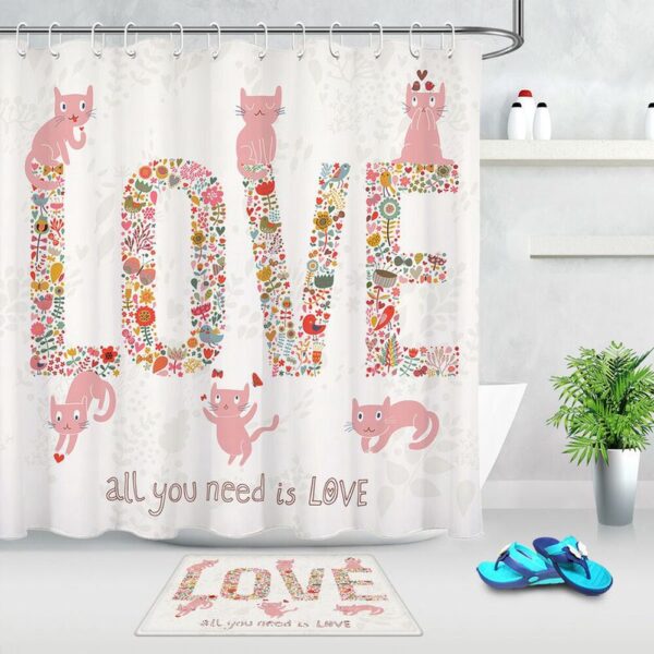 Valentine Shower Curtain, Valentines Love Shower Curtains Cute Cat Bathroom Set Valentines Day Decor Cats Lovers Gift Pet Lovers Gift