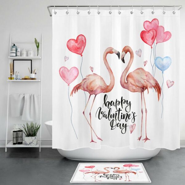 Valentine Shower Curtain, Valentines Shower Curtains Flamingo Couple Bathroom Curtains Flamingos Lovers Gift Valentine Gift Idea