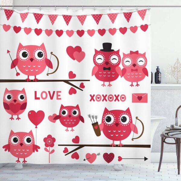 Valentine Shower Curtain, Valentines Xoxo Shower Curtains Owl Couple Curtains Bathroom Decor Valentine Gift Romantic Gift Idea